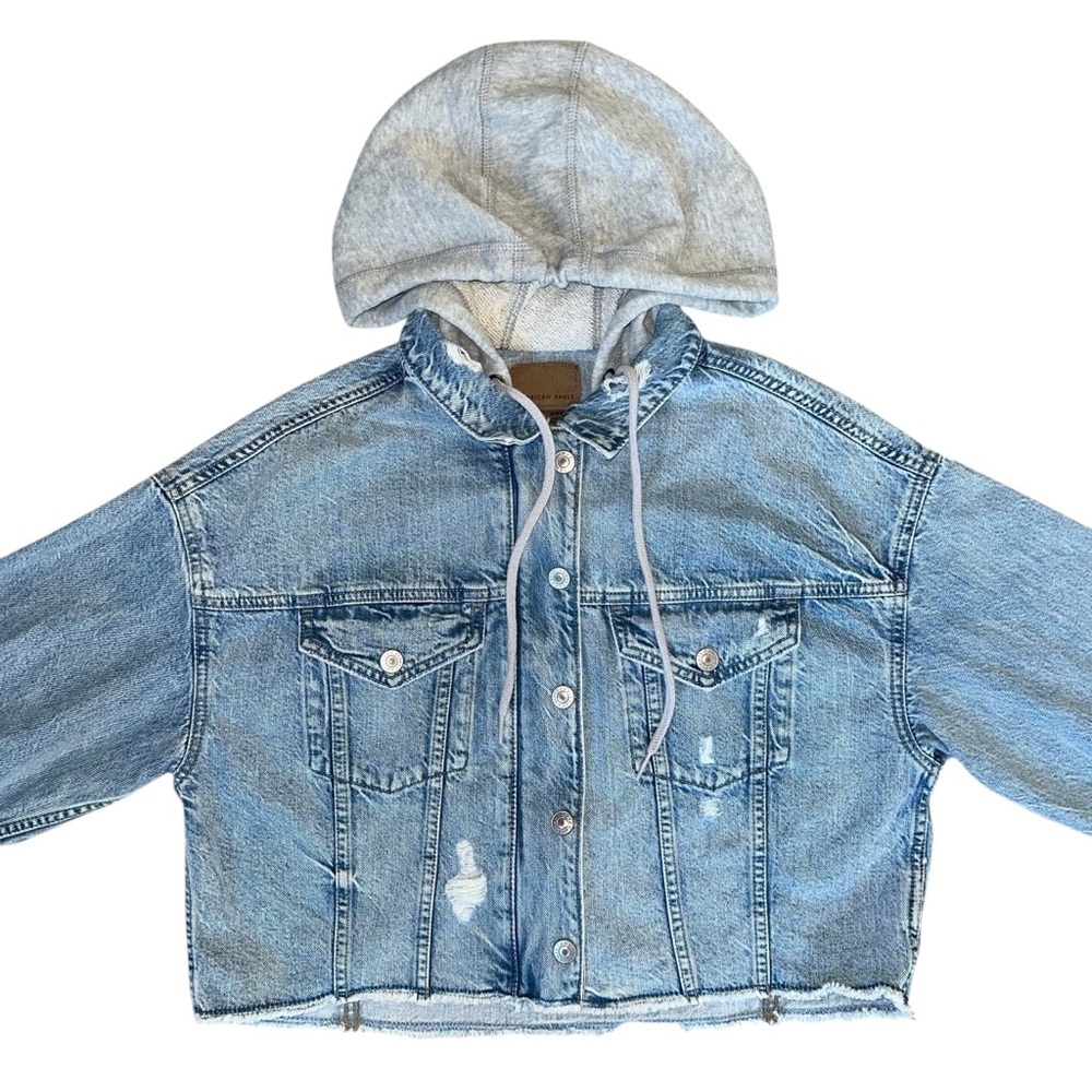 American Eagle Oversized Light Wash Distressed Faux Layered Hood Jacket Medium - Picture 4 of 10
